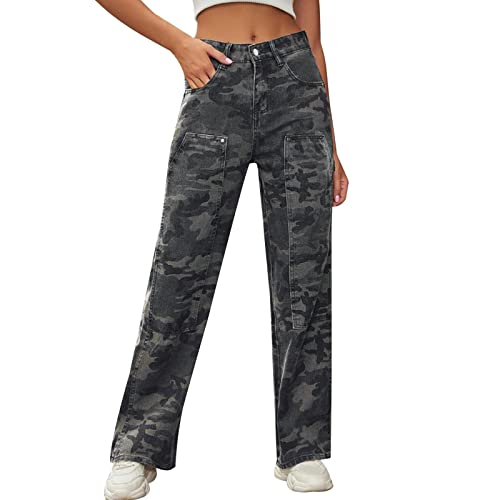 Baggy Jeans Damen – Camo Baggy Wide Leg Pants Denim Latzhose Vintage Hiphop Hip Hop Jeans Hose breit Gothic, grün, Medium von Generic