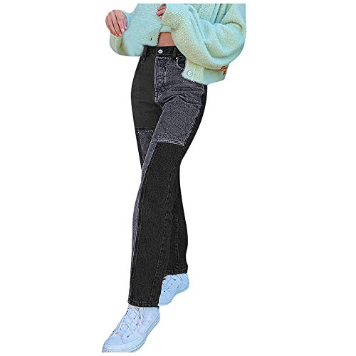 Baggy Jeans Damen High Waist,Teenager MäDchen Jeans Zweifarbig Straight Leg Weites Bein Boyfriend Jeans Harajuku Streetwear Pants Denim Jeans Hose Harajuku Goth Y2k Hose Geradem Bein von Generic