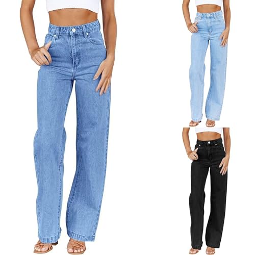 Baggy Jeans Damen High Waist Mom Fit Wide Leg Jeanshosen Straight Leg Freizeithose Bequeme Loose Fit Breite Jeans Locker Hosen Mit Taschen Boyfriend Denimhose Y2K Stretch-Hose von Generic