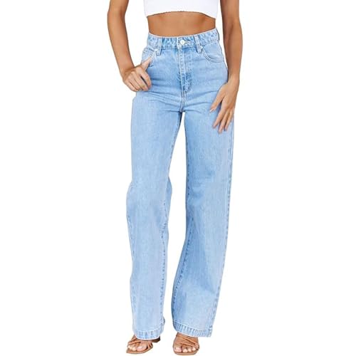 Baggy Jeans Damen High Waist Mom Fit Wide Leg Jeanshosen Straight Leg Freizeithose Bequeme Loose Fit Breite Jeans Locker Hosen Mit Taschen Boyfriend Denimhose Y2K Stretch-Hose von Generic