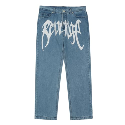 Baggy Jeans Herren Y2K mit Print Hip Hop Baggy Gerades Bein Gewaschene Jeans Vintage Pants Breite Hose mit Schrift Vorne, Baggy Loose Fit Schwarz Jeanshose Hosen Freizeithose für Jungs Männer von Generic