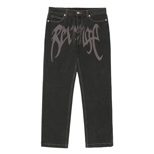 Baggy Jeans Herren Y2K mit Print Hip Hop Baggy Gerades Bein Gewaschene Jeans Vintage Pants Breite Hose mit Schrift Vorne, Baggy Loose Fit Schwarz Jeanshose Hosen Freizeithose für Jungs Männer von Generic