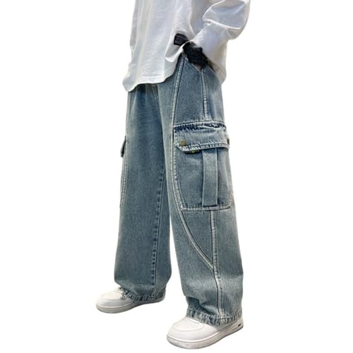 Baggy Jeans Jungen Denim Cargohose Teenager Jeanshosen Vintage Weitem Bein Streetstyle Kinder mit Elastischem Bund für Frühling Sommer Herbst Winter Jungs Hose mit (Blue, 15-16 Years) von Generic