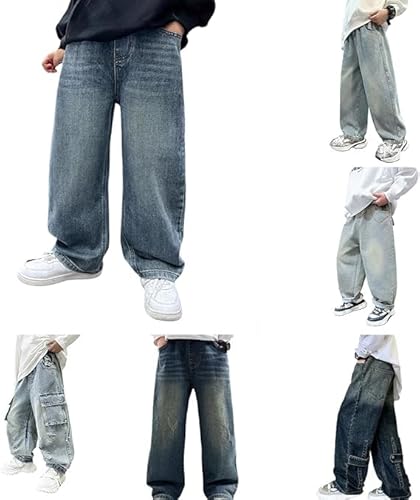 Baggy Jeans Jungs Weites Bein Stretch Jeanshose Vintage Y2K Straight Leg Denimhose Elastischem Bund Cargo Jeans Mode Frühling Sommer Hosen Lockere Passform Streetwear mit Taschen von Generic