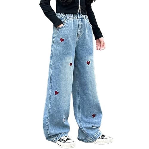 Baggy Jeans Mädchen Herzmuster Print Weites Bein Jeanshose Elastic Waist High Waist Wide Leg Freizeithose Pants Girls Blau Hosen für Kinder Loose Streetwear Y2K Schlaghose Hohe (Blue, 11-12 Years) von Generic