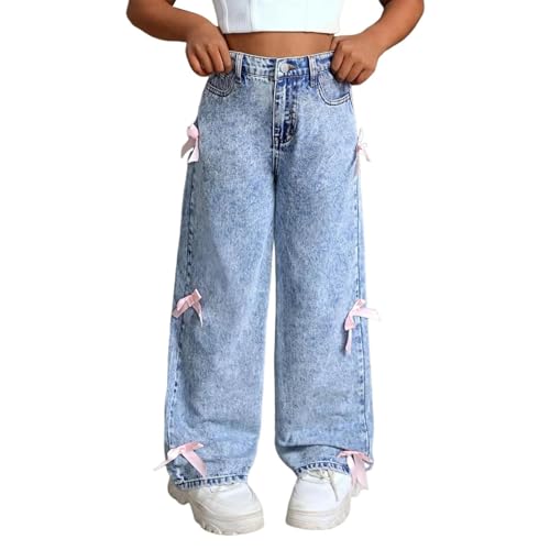 Baggy Jeans Mädchen Süße Gerade Wide Leg Bogen Hellblaue Denim Hosen mit Gummizug Weites Bein Outdoorhose Breite Hose Girls Mode Frühling Sommer Taille Washed Hosen für (Blue, 10-11 Years) von Generic