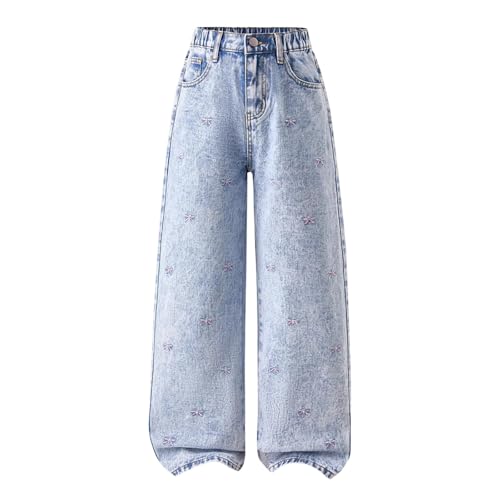 Baggy Jeans Mädchen Süße Stickerei Y2k Hip Hop Jeanshose mit Taschen Retro Weite Bein Denim Hosen Kinder Mädchen Hohe Taille Streetwear (DE/NL/SE/PL, Alter, 9 Jahre, 10 Jahre, Regular, Hellblau-c) von Generic