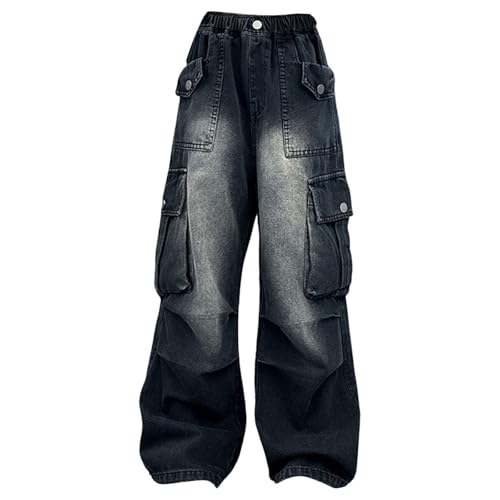 Baggy Jeans Mädchen Wide Leg Elastic High Waist Cargo Jeanshose mit Gummizug Weites Bein Freizeithose Pants Girls Mode Hip Hop Hosen für Kinder/Teenager Loose Streetwear Y2K (Black, 11-12 Years) von Generic