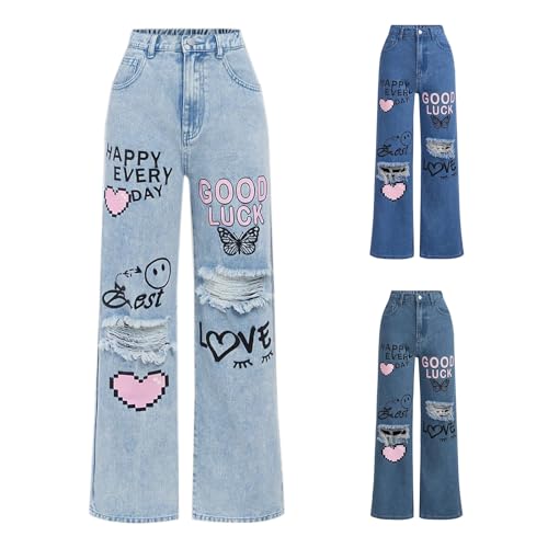 Baggy Jeans Mädchen Y2k Druck Zerrissene Jeanshose mit Taschen Weite Bein Hip Hop Grafik Denim Hosen Kinder Mädchen Hohe Taille Weiche Elastische Freizeithose (Light Blue, 12-13 Years) von Generic