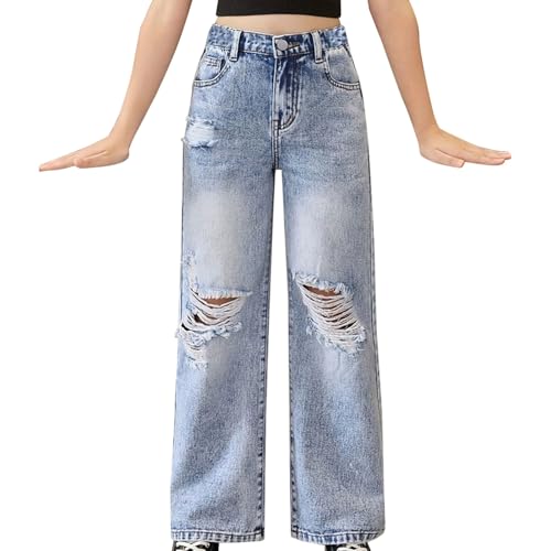 Baggy Jeans Mädchen Zerrissene Weite Bein Jeanshose Kinder Mädchen Gerades Bein Hip Hop Denim Hosen Hohe Taille Weiche Elastische Freizeithose (Light Blue, 9-10 Years) von Generic