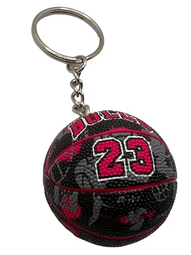 Ball Schlüsselanhänger kompatibel mit NBA 23 Bulls Farbe Schwarz und Fuchsia Basketball Gadget Zubehör Geschenkidee Herren Damen Kinder Kreativer Anhänger 3D, Rot/Schwarz, One size von Generic
