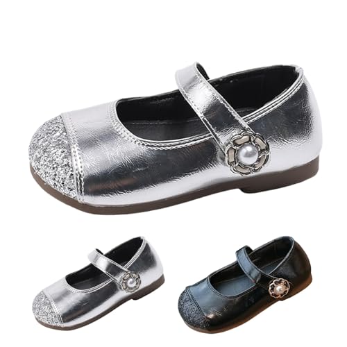 Ballerina Kinder Patent Mary Jane Helle Sohle Prinzessin Anzugschuhe mit Klettverschluss Weicher Boden Abendschuhe Gummisohle Performance Schuhe Rutschfeste TanzSchuhe (Silver, 15) von Generic