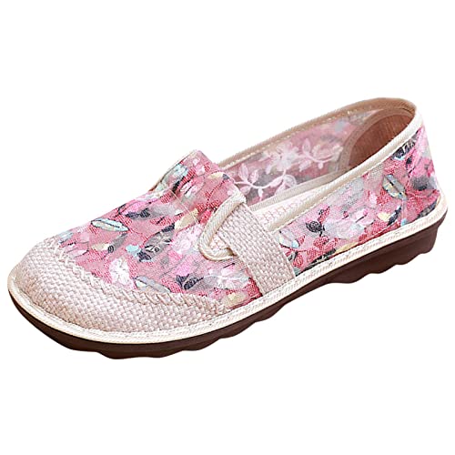 Ballerina Weiß Damen Barfuss Wanderschuhe Damen Modische -Damen-Freizeitschuhe, flach, weicher Boden, rutschfest, runde Zehen, Slip-on-Blumen, Ballerina Weiß Damen Barfuss Wanderschuhe Damen (Red, 40) von Generic