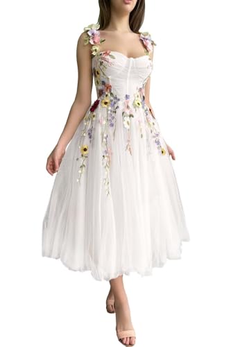 Ballkleid Aus TüLl FüR Damen Mit 3D-Blumenapplikation TüLl Ballkleid Mit Blumenstickerei Formelles Feenkleid Mit Tasche A-White XL von Generic