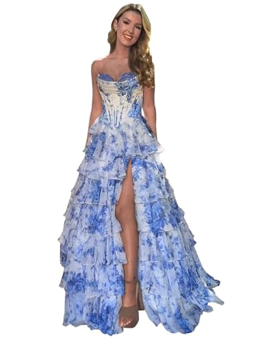 Ballkleid Aus TüLl Mit Blumenmuster Langem Schlitz Korsett Gestuftes Abendkleid TräGerloses Abendkleid Mit Herzausschnitt Und Taschen Blue XXS von Generic