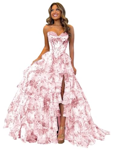 Ballkleid Aus TüLl Mit Blumenmuster Langem Schlitz Korsett Gestuftes Abendkleid TräGerloses Abendkleid Mit Herzausschnitt Und Taschen Blush Pink XL von Generic