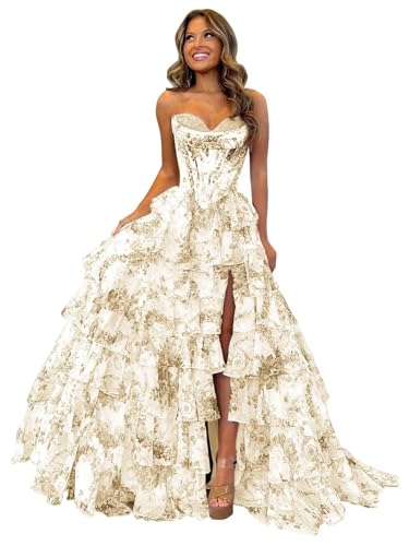 Ballkleid Aus TüLl Mit Blumenmuster Langem Schlitz Korsett Gestuftes Abendkleid TräGerloses Abendkleid Mit Herzausschnitt Und Taschen Champagne XXS von Generic