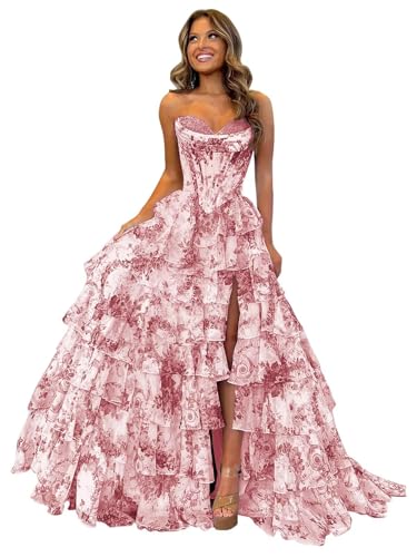Ballkleid Aus TüLl Mit Blumenmuster Langem Schlitz Korsett Gestuftes Abendkleid TräGerloses Abendkleid Mit Herzausschnitt Und Taschen Dusty Rose S von Generic