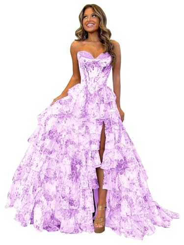 Ballkleid Aus TüLl Mit Blumenmuster Langem Schlitz Korsett Gestuftes Abendkleid TräGerloses Abendkleid Mit Herzausschnitt Und Taschen Floral Lilac XXS von Generic