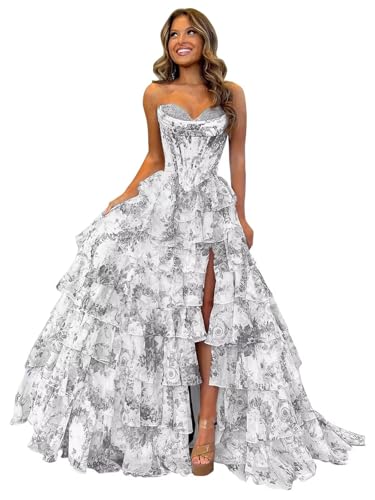 Ballkleid Aus TüLl Mit Blumenmuster Langem Schlitz Korsett Gestuftes Abendkleid TräGerloses Abendkleid Mit Herzausschnitt Und Taschen Floral Silver L von Generic