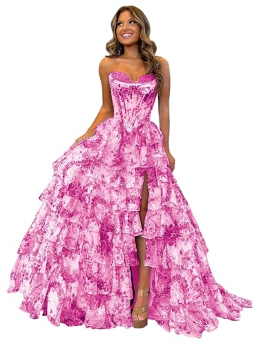 Ballkleid Aus TüLl Mit Blumenmuster Langem Schlitz Korsett Gestuftes Abendkleid TräGerloses Abendkleid Mit Herzausschnitt Und Taschen Hot Pink M von Generic
