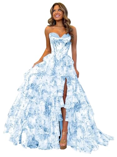 Ballkleid Aus TüLl Mit Blumenmuster Langem Schlitz Korsett Gestuftes Abendkleid TräGerloses Abendkleid Mit Herzausschnitt Und Taschen Light Blue S von Generic