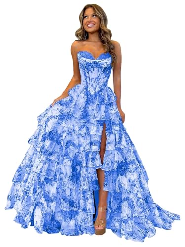 Ballkleid Aus TüLl Mit Blumenmuster Langem Schlitz Korsett Gestuftes Abendkleid TräGerloses Abendkleid Mit Herzausschnitt Und Taschen Royal Blue 3XL von Generic