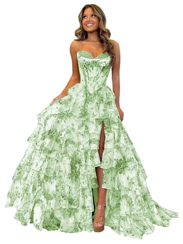 Ballkleid Aus TüLl Mit Blumenmuster Langem Schlitz Korsett Gestuftes Abendkleid TräGerloses Abendkleid Mit Herzausschnitt Und Taschen Sage Green L Ballkleid Aus TüLl Mit Blumenmuster Langem Schlitz Korsett Gestuftes Abendkleid TräGerloses Abendkleid Mit Herzausschnitt Und Taschen Sage Green L von Generic