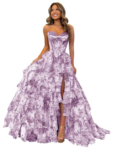 Ballkleid Aus TüLl Mit Blumenmuster Langem Schlitz Korsett Gestuftes Abendkleid TräGerloses Abendkleid Mit Herzausschnitt Und Taschen Wisteria M von Generic