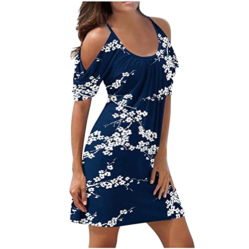 Ballkleid Damen, Summer Dress Neckholder Kleid Plissee Kleidung Elegantes Sexy Damen Kleid Mit Zwei Schulter Ausschnitten Kurzen Ärmeln Sommerkleid Strandkleid Lang Handtuch Kleid(Blau,S) von Generic