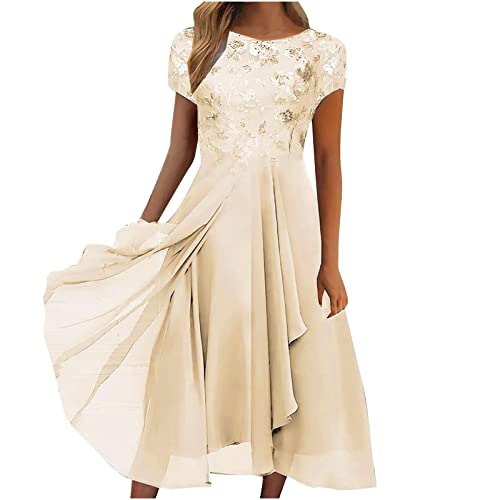 Ballkleid Damen,Lange Abendkleider Maxi Sommerkleider Luftige Damen Kleid Chiffon Elegante Spitze Patchwork Ausschnitt Langes Brautjungfer Abendkleid Kleider Für Kleine Frauen(Gold,M) von Generic