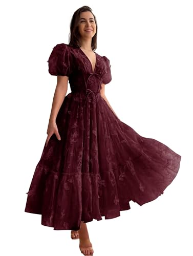 Ballkleid Mit 3D-Schmetterling FüR Damen Spitzenapplikation TüLl Knielang V-Ausschnitt Bestickt Formelle Abendkleider Burgundy 4XL von Generic