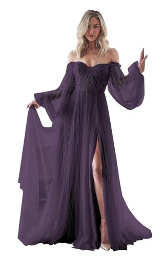 Ballkleid Mit PuffäRmeln FüR Damen,HerzföRmiger Ausschnitt TüLl Ballkleid Mit Langem Schlitz Formelles Abendkleid Prinzessinnen-Brautkleider Grape S von Generic