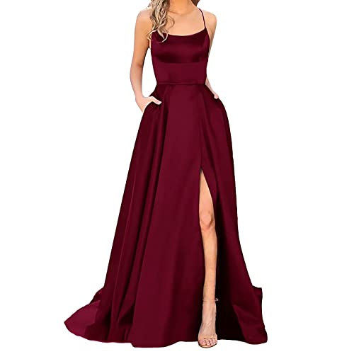 Ballkleider Damen Einfarbig Lang Hochzeit A-Linie Criss-Cross Satin Spaghetti Party Prom Satin Spaghetti Party Prom Dress Seitenschlitz Hochzeit Abendparty Kleid mit Taschen(A Rot,L) von Generic