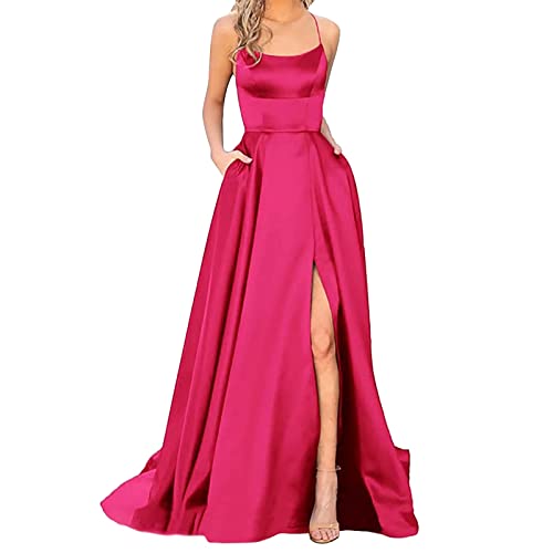 Ballkleider Damen Einfarbig Lang Hochzeit A-Linie Criss-Cross Satin Spaghetti Party Prom Satin Spaghetti Party Prom Dress Seitenschlitz Hochzeit Abendparty Kleid mit Taschen(C Heißes Rosa,S) von Generic