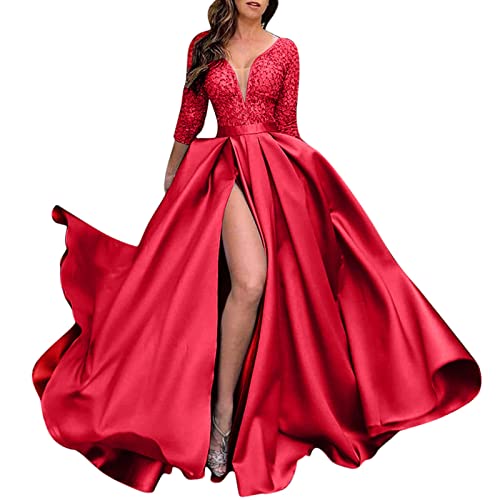 Ballkleider Damen Einfarbig Lang Hochzeit A-Linie Criss-Cross Satin Spaghetti Party Prom Satin Spaghetti Party Prom Dress Seitenschlitz Hochzeit Abendparty Kleid mit Taschen(F Rot,L) von Generic