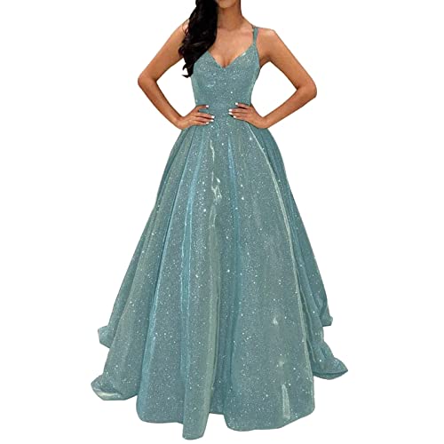 Ballkleider Damen Einfarbig Lang Hochzeit A-Linie Criss-Cross Satin Spaghetti Party Prom Satin Spaghetti Party Prom Dress Seitenschlitz Hochzeit Abendparty Kleid mit Taschen(Kf,L) von Generic