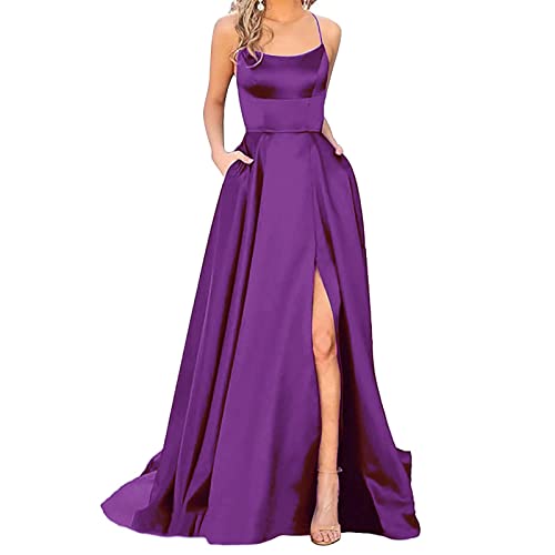 Ballkleider Damen Einfarbig Lang Hochzeit A-Linie Criss-Cross Satin Spaghetti Party Prom Satin Spaghetti Party Prom Dress Seitenschlitz Hochzeit Abendparty Kleid mit Taschen(L Violett,M) von Generic