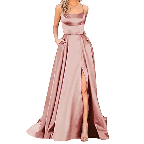 Ballkleider Damen Lang, Frauen Elegant Neckholder Backless Lang Kleider, A-Linie Criss-Cross Satin Spaghetti Party Prom Dress Seitenschlitz Hochzeit Abendparty Kleid mit Taschen von Generic