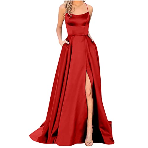 Ballkleider Damen Lang Frauen Elegant Cocktailkleid Schwarzes Kleid Damen Sexy Lang Mit Schlitz A-Linie Criss-Cross Satin Spaghetti Party Prom Dress Seitenschlitz Hochzeit Abendparty Kleid von Generic