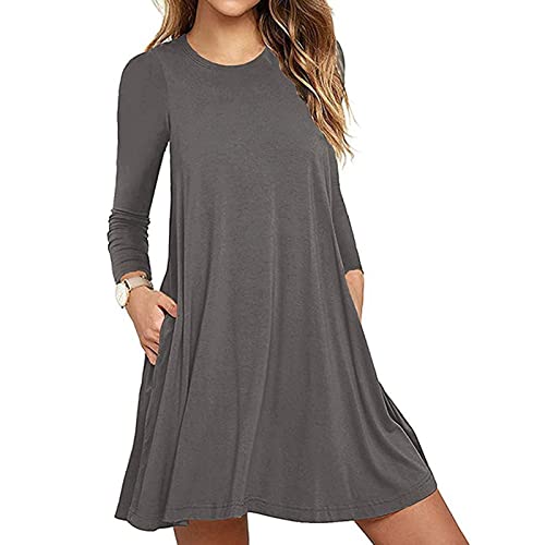 Ballkleider Damen Lang Mittelalter Kleid Jogginghose Damen Elegant Einfarbig A-Linie Kleider Rundhals Knielang Blusenkleid Winter Tunikakleid Casual Sweatkleid Kleid Winter (Gray,M) von Generic