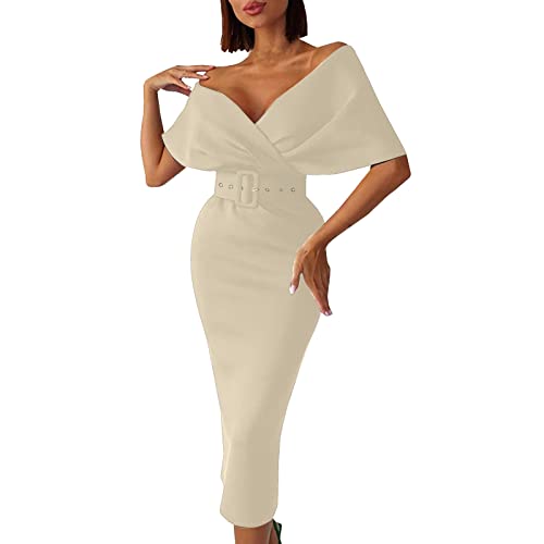 Ballkleider Damen Lange Damen Elegant Neckholder Rückenfrei Lange Kleidercrisn Satin Spaghetti Party Abendkleid Seitenschlitz Hochzeit Abendgesellschaft Kleid Mit Taschen Kleider (2-Beige,3XL) von Generic