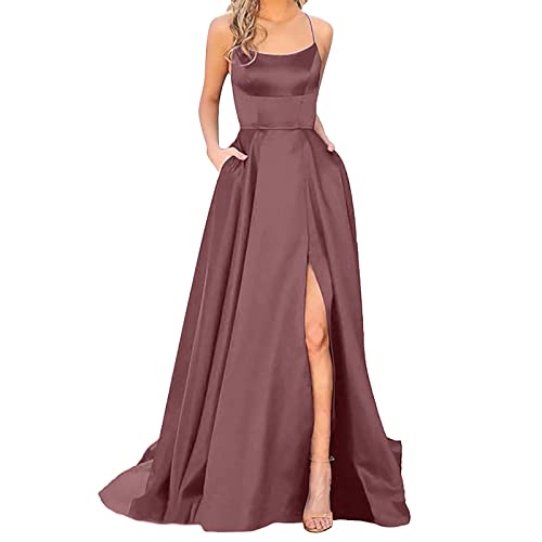 Ballkleider Damen Lange Elegant Neckholder Rückenfrei KleiderCrisn Satin Spaghetti Party Abendkleid Seitenschlitz Hochzeit Festtagskleid Straps mit seitlichem Kleid mit Taschen von Generic