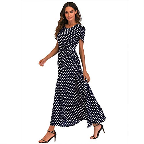 Ballkleider DamenLang Kleid Damen Gepunktetes Maxikleid Elegant Polka Dots Sommerkleid Kurzarm Partykleid Frauen Cocktail Abendkleid Midi Festliche Kleider Mit Gürtel von Generic