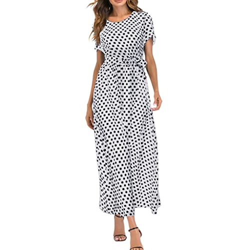 Ballkleider DamenLang Kleid Damen Gepunktetes Maxikleid Elegant Polka Dots Sommerkleid Kurzarm Partykleid Frauen Cocktail Abendkleid Midi Festliche Kleider Mit Gürtel von Generic