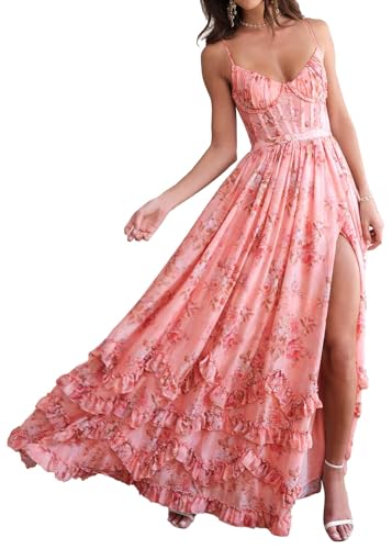 Ballkleider Mit Blumendruck,RüSchen Chiffon SpaghettiträGer Formelle Kleider V-Ausschnitt A-Linie Abendkleid Mit Schlitz Coral M von Generic