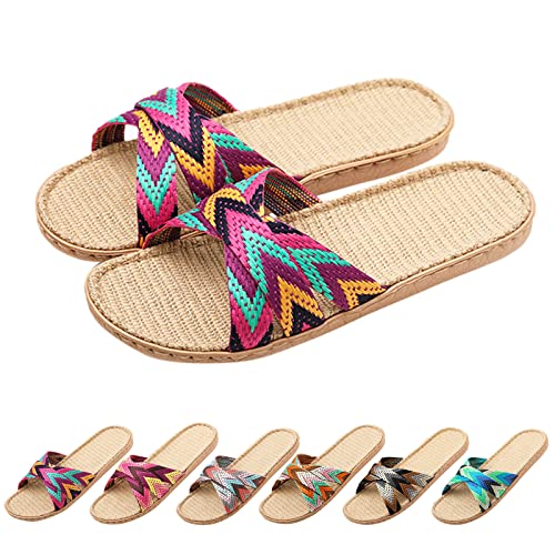 Bambus Hausschuhe Damen Flach - Espadrilles Slipper Flach Sommerschuhe Bohemian Strand Sandalen Leicht Atmungsaktiv Leinenschuhe Rutschfest Badelatschen Schlappen von Generic
