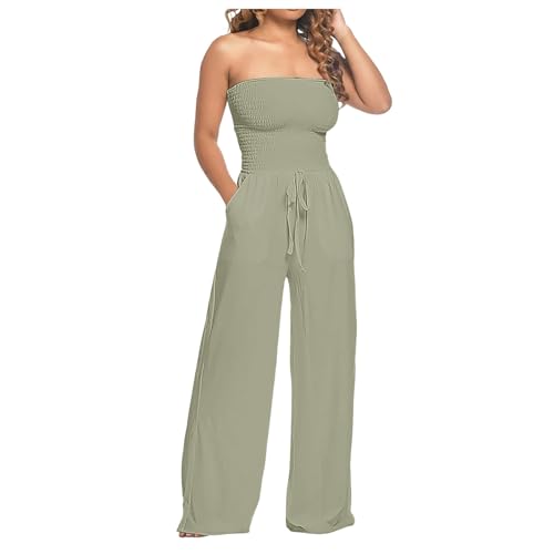 Bandeau Jumpsuit Damen Elegant Lang Latzhose Sommer Einfarbig String Jumpsuits Lose Lässig Overall Sommerjumpsuits Ärmelloses Hosenanzug Romper Damen Weites Bein Hose Elegante Festlich (Green-a, S) von Generic
