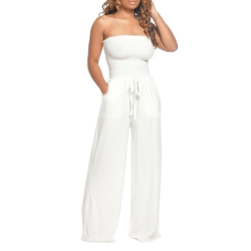 Bandeau Jumpsuit Damen Elegant Lang Latzhose Sommer Einfarbig String Jumpsuits Lose Lässig Overall Sommerjumpsuits Ärmelloses Hosenanzug Romper Damen Weites Bein Hose Elegante Festlich Playsuit von Generic