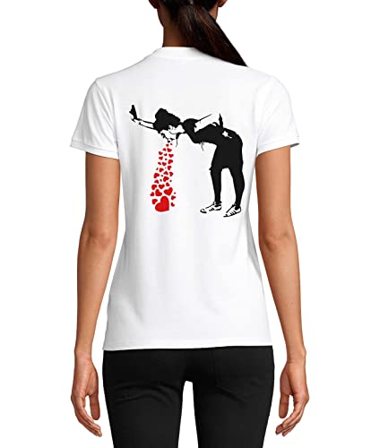 Banksy Love Sick Girl Vomiting Valentine's Day Hearts Polo-Top-T-Shirt aus Baumwolle für Damen Weiß Large von Generic